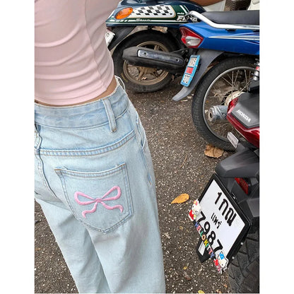 Blue Jeans for Women High Quality High Waist American Wide Leg Pants Bow Embroidery Jeans Y2K Vintage Straight Summer Trousers 2024