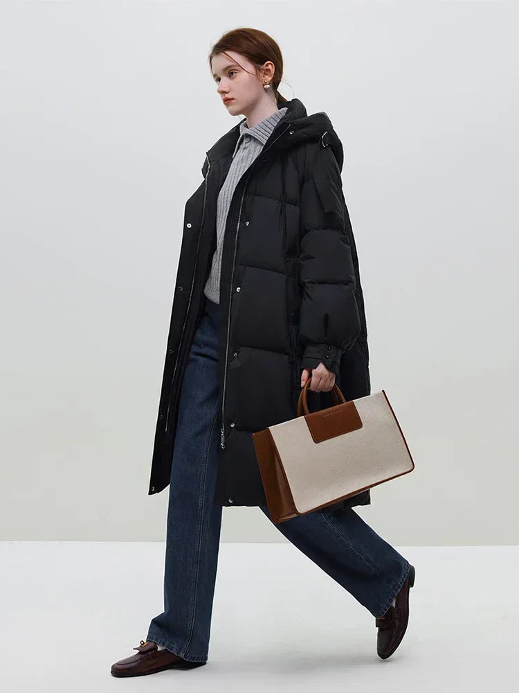 FSLE 204G Filling Capacity Winter Thicken Women Long White Down Jackets Detachable Hooded Commuter Black Mid-Length Female Coats