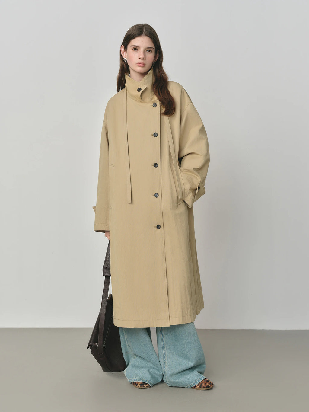 FSLE 2025 New Oversized Turndown Collar Casual Trench for Women 2025 Spring Autumn New Arrival Cotton Coat Long Jacket Khaki