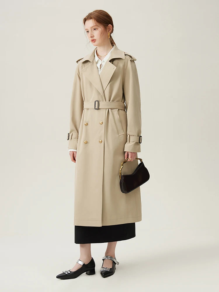 FSLE Turn-down Collar Double Breasted Office Lady Long Trench Coats Light Khaki Spring New Temperament Straight Jacket 24FS11092