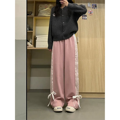 Women's Pink Bow Apricot Sweatpants Y2k Retro 2000s High Waist Baggy Jogger Trousers Harajuku Streetwear Wide Pants Clothes 2024