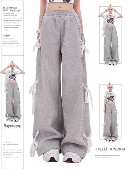 Women's Grey Lace Lace-up Pants Vintage Y2k Harajuku 90s Aesthetic Sweatpants Retro High Waist Wide Trousers 2000s Clothes 2024