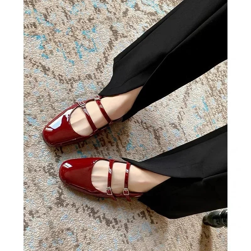 Women Sandals Summer 2024 Woman Low Heels Double Buckle Mary Janes Shoes Patent Leather Dress Shoes Back Strap Zapatos Mujer