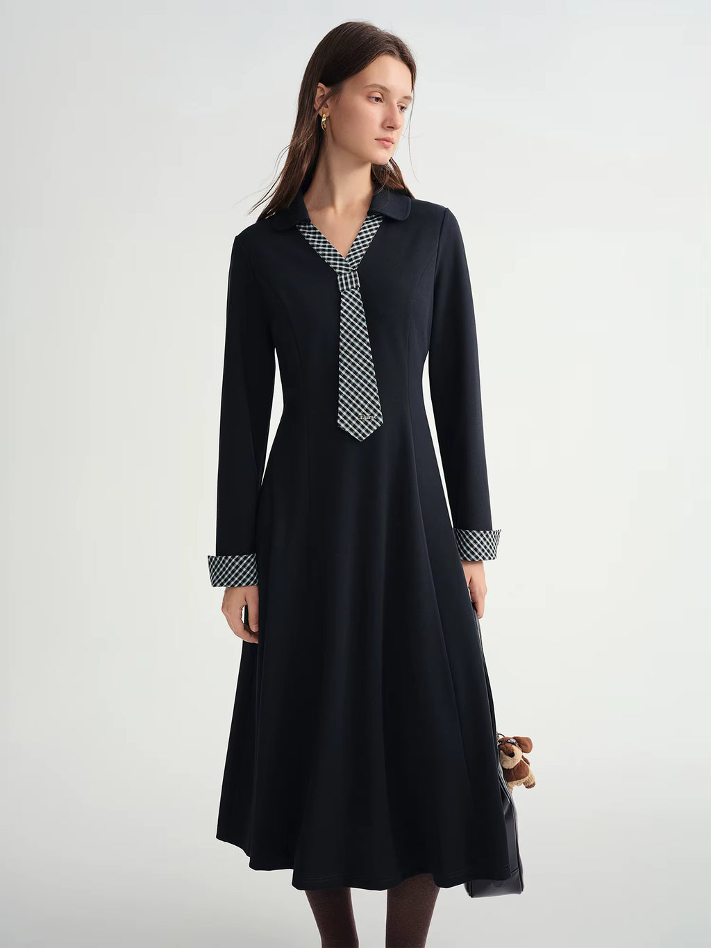 2025 Fall Winter Women's Plaid Tie-Neck Dress with Asymmetric Panel Design, Vintage Grid Pattern Collarless Shift
