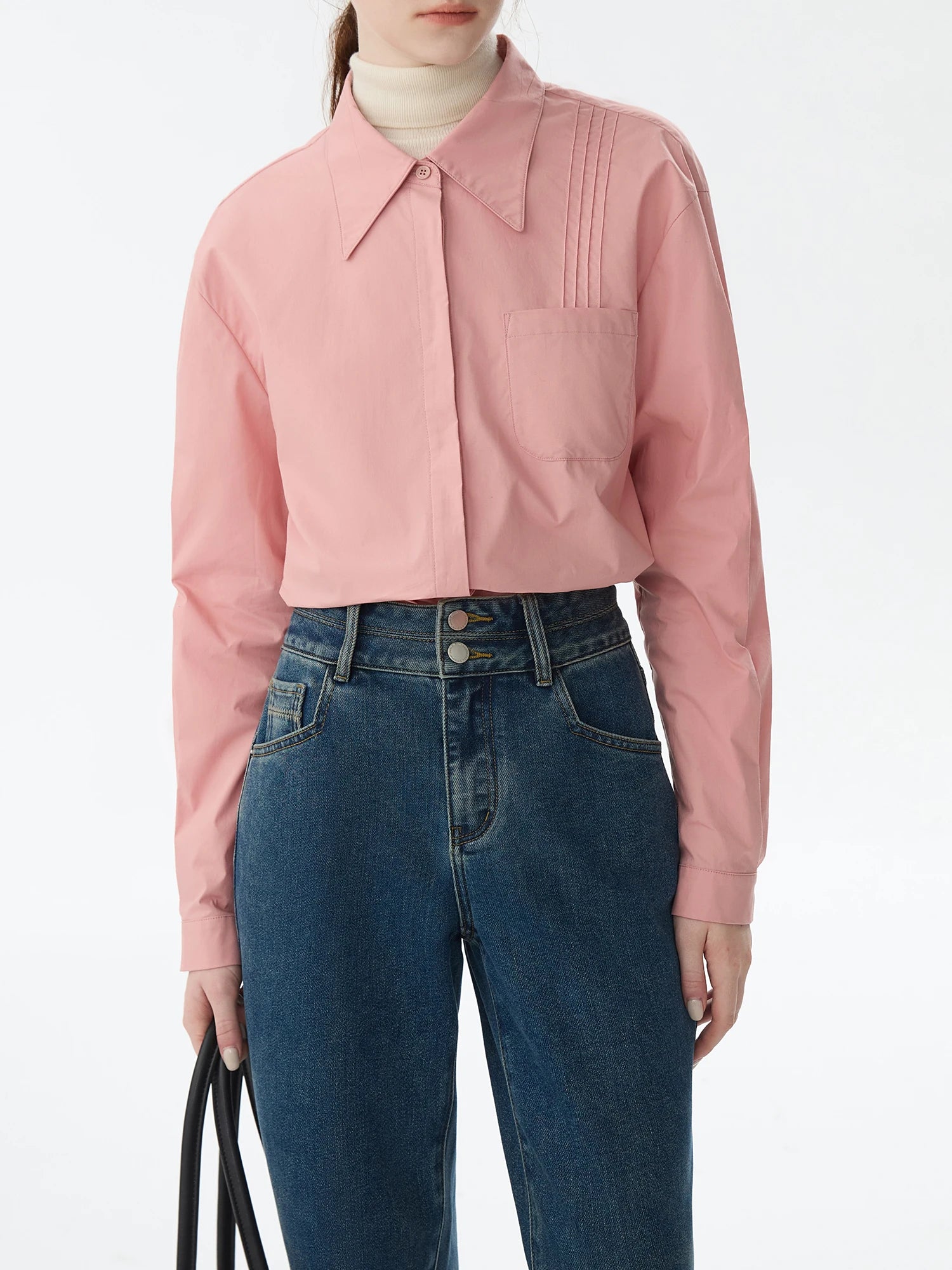 FSLE Women Long Sleeve Blouses 100% Cotton Polo Neck Female Casual Solid Shirts Commuter Blue Long Sleeve Tops 24FS14615