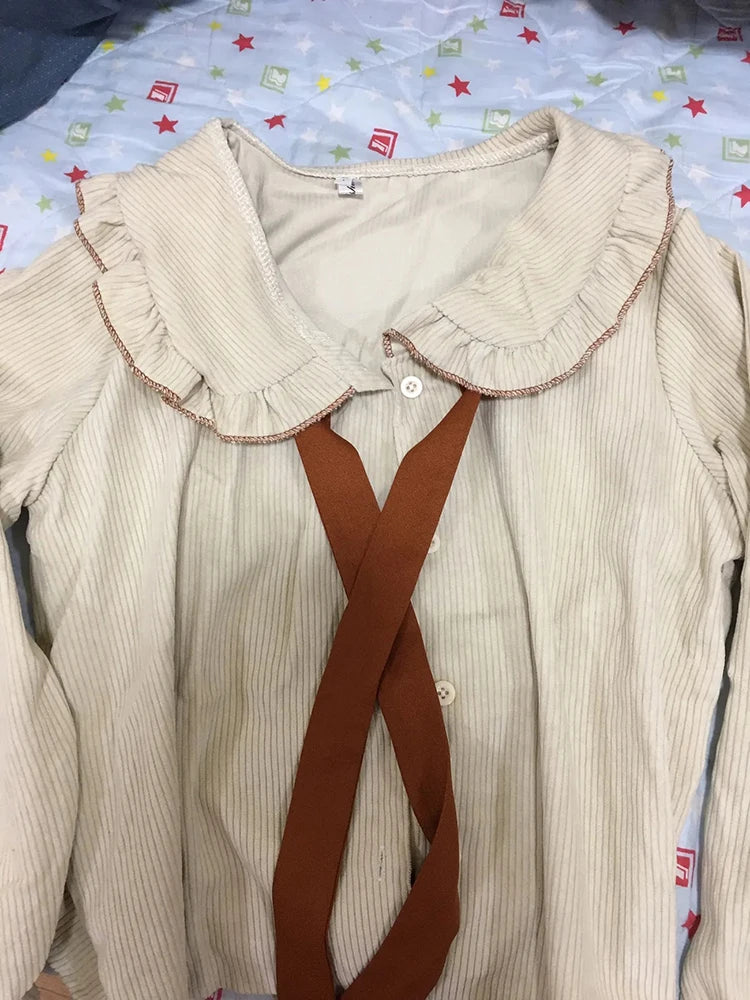 Spring Autumn Corduroy Kawaii Bow Peter Pan Collar Shirts Vintage Cute Long Sleeve Women Clothing All-match Sweet Blouses Women