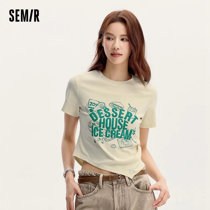 Semir Short-Sleeved T-Shirt Women Short Length Printed Petite Figures 2024 Summer New Slim Fit Asymmetrical Pullover Top