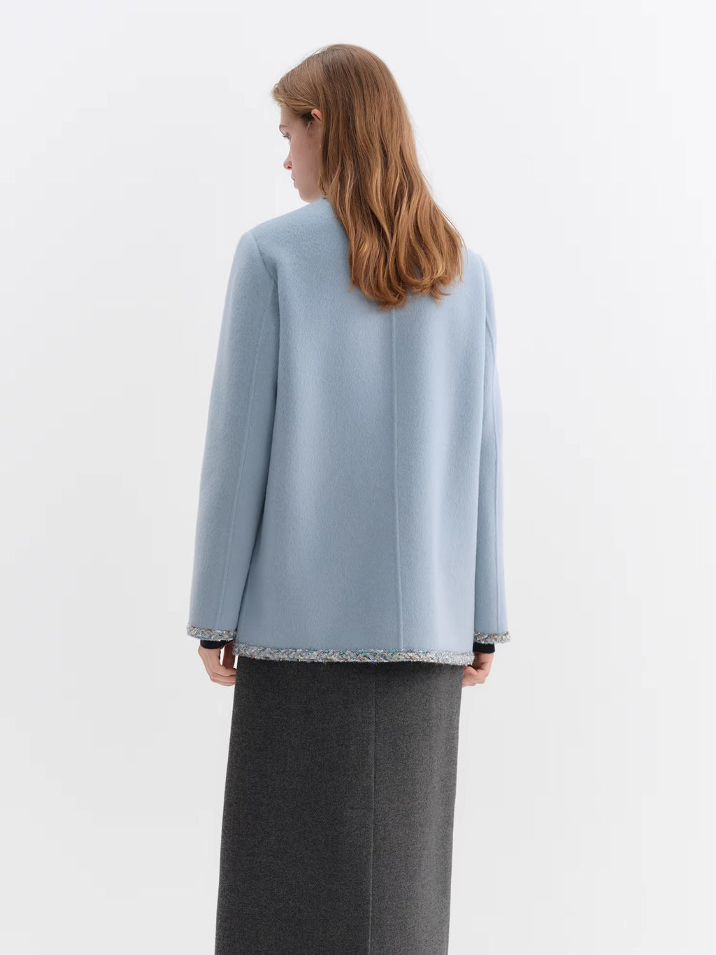 French-Style Woolen Round-Neck Coat Winter 2025 New Arrival Blue Tweed Outerwear All-match Autumn Elegant Blue