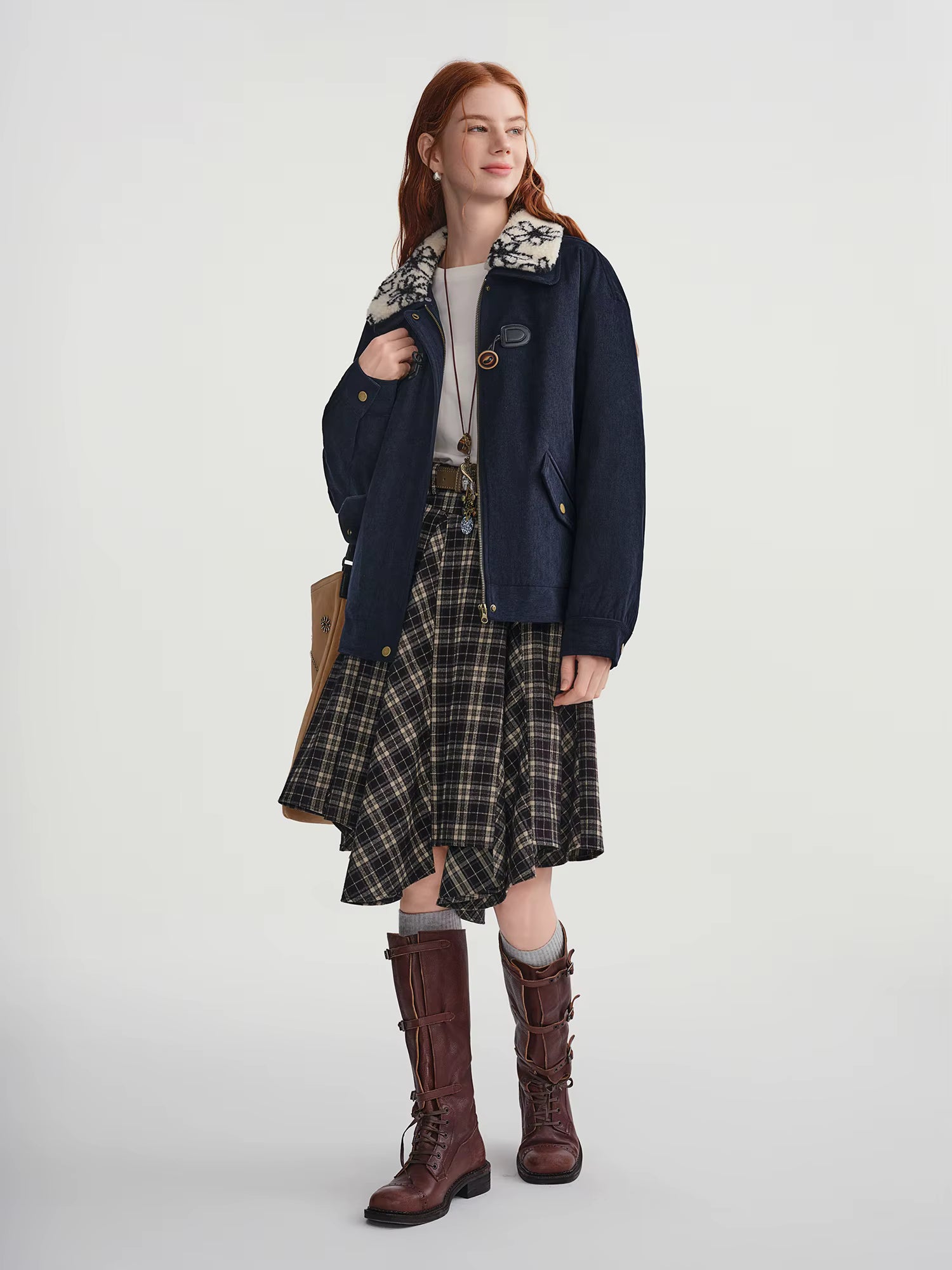 Plus-Size Women's Shearling Collar Corduroy Lined Mid-Classic Blue Tone Jacket Fall-Winter 2025 New Arrival Coat Jackets