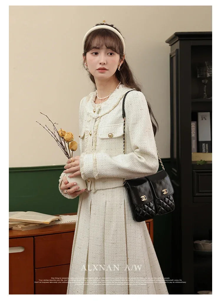 ALXNAN Women Tweed Midi Skirt Solid A-line Beige Slimming Fashionable Skirt 2024 Autumn Winter Commuter Women Clothes LXN31977