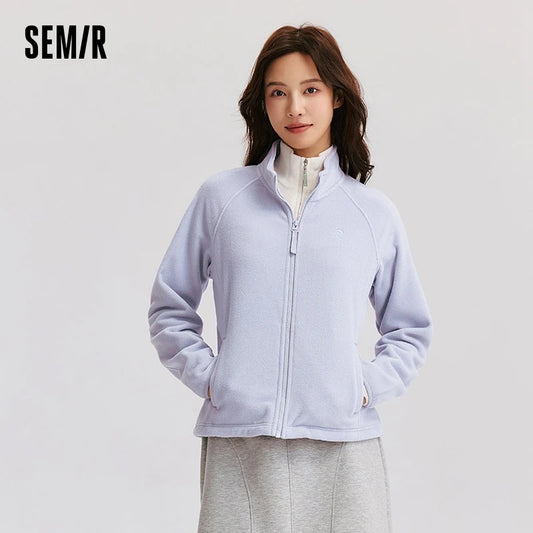 Semir Coat Women Anti-Static Polar Fleece Slim Embroidery Versatile 2024 New Winter Stand Collar Insert Shoulder Sleeve Jacket