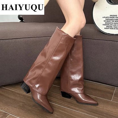 Knee High Heels Women Boots Leather Chunky Fashion Shoes Pointed Toe Snow Long Boots New Designer Pumps Punk Chelsea Botas Mujer