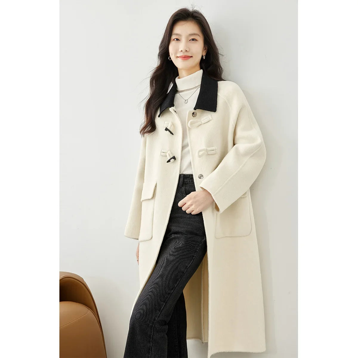 VIMLY Women's Office Lady Woolen Coat Winter Long Straight Overcoat Contrast Color Lapel Coats Female Simple Casual Outerwear