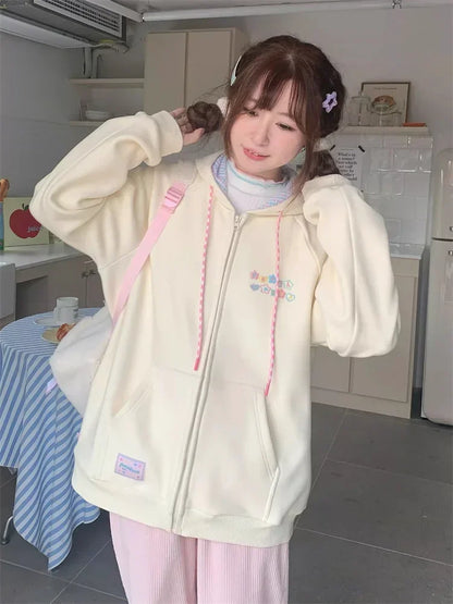 QWEEK Korean Style Cute Zip Up Hoodie Women Y2K Girly Kawaii Hooded Jacket Oversize Japanese Harajuku Sweet Embroidery Outerwear