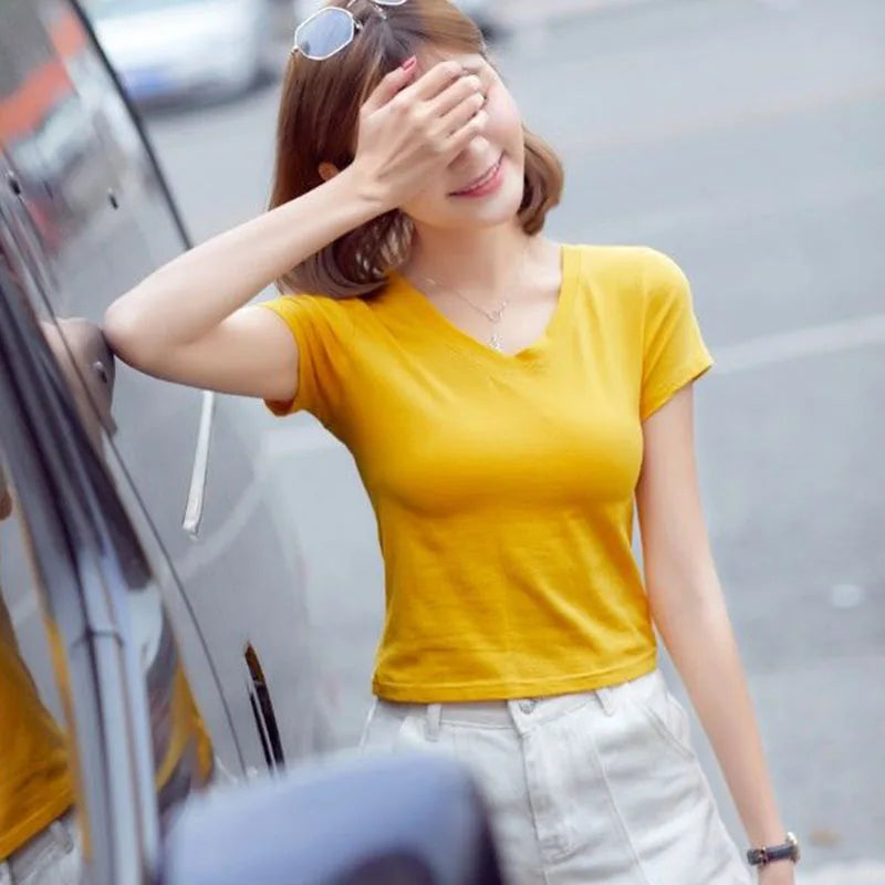 Xpqbb Solid Color Basic T Shirt for Women Korean Slim V-neck White Short T-shirts Ladies Summer Casual Simple Wild Tee Clothing