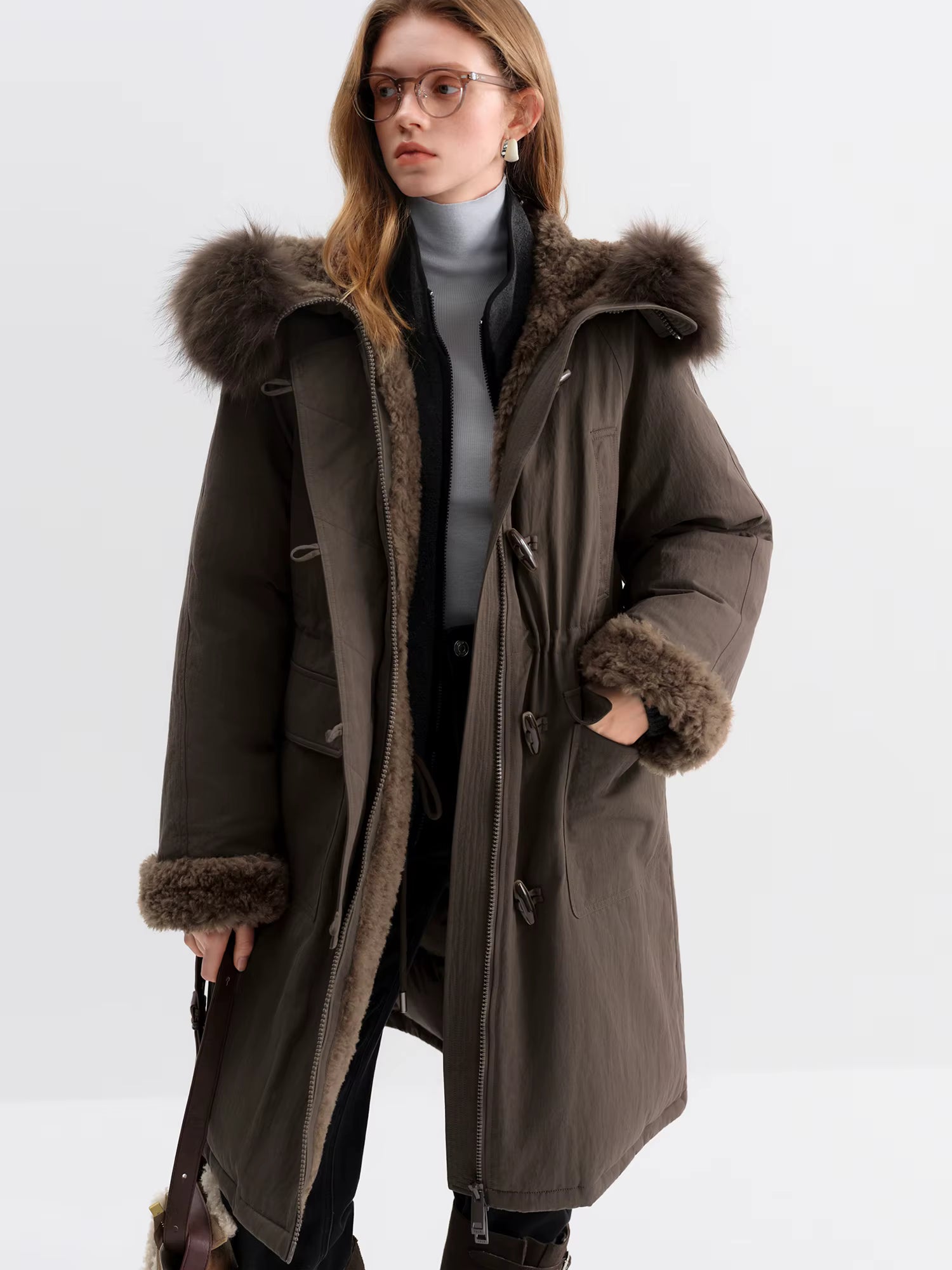 Women's Fur-Lined Down Parka with Wool Blending Mid-Length Winter Jacket for 2025 Winter New Arrival Long Hooded Jacket