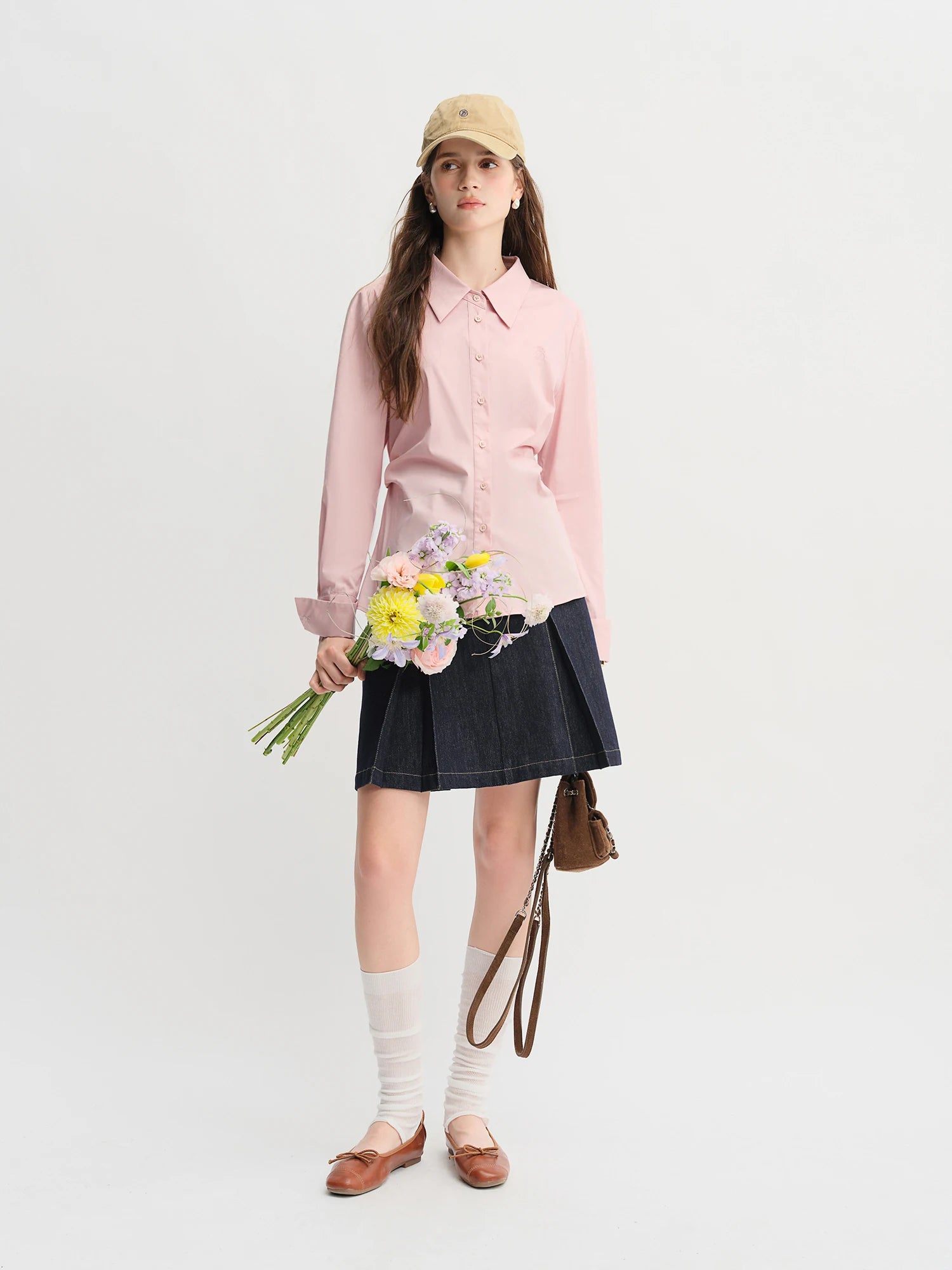 DUSHU Pleated Tie Waist Tricolor Shirt 2025 Autumn New Shirt Slim Tops A-line Skirts Women Suits