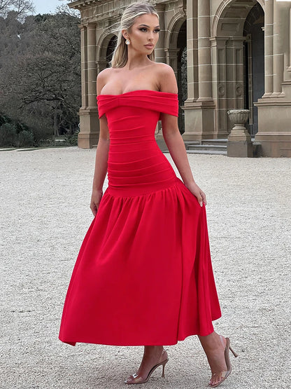 Mozision Off-shoulder Backless Sexy Maxi Dress Women Strapless Sleeveless High Waist A-line Ruched Evening Long Dress Elegant