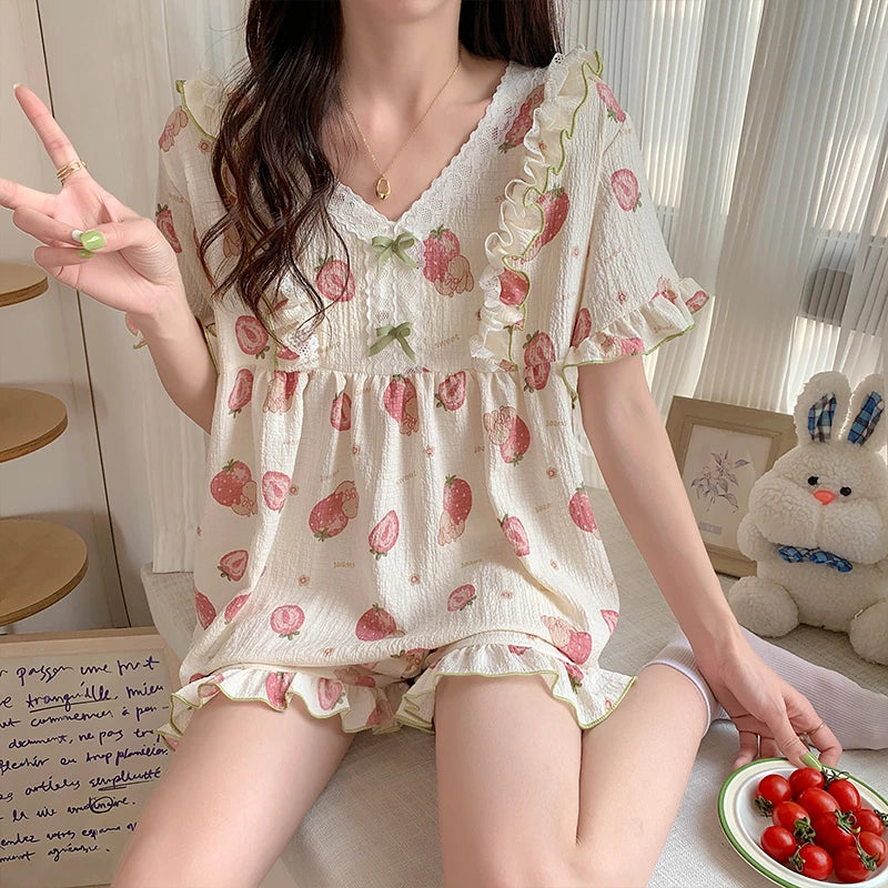 Pajama Mujer Strawberry Print Sleepwear Set Short Sleeve Top+Shorts Ruffle Homewear Skin-Friendly Breathable