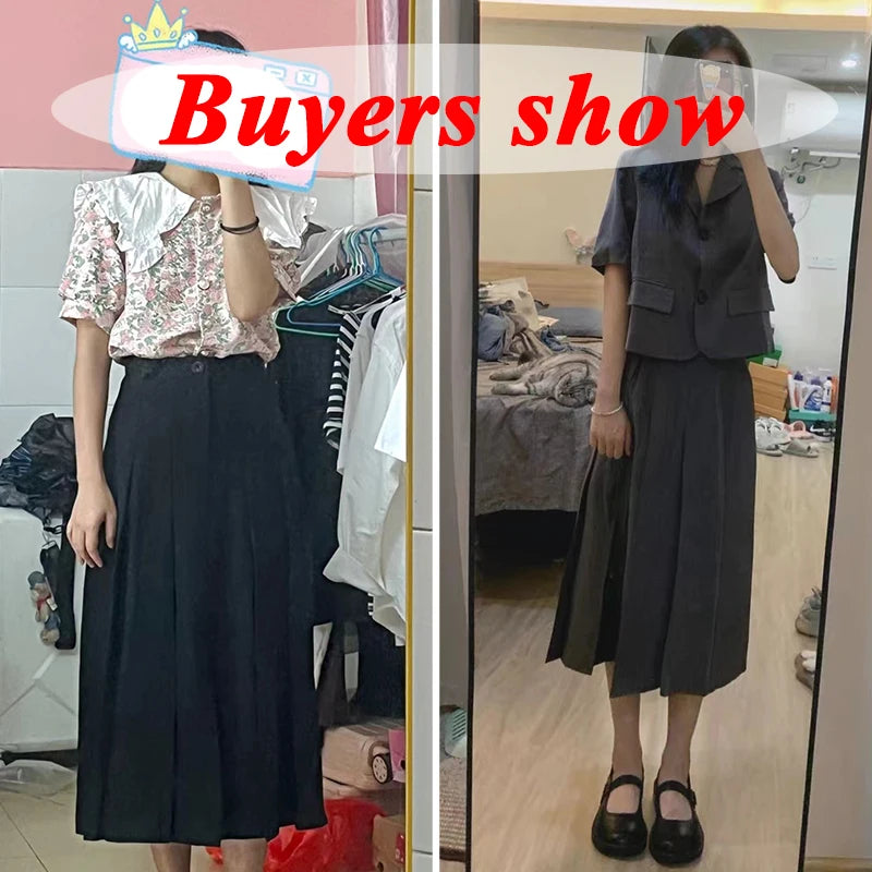 Lucyever Black Gray Pleated Long Skirt for Women 2023 Spring Japanese Style High-Waist Skirts Woman Office Streetwear Midi Skirt