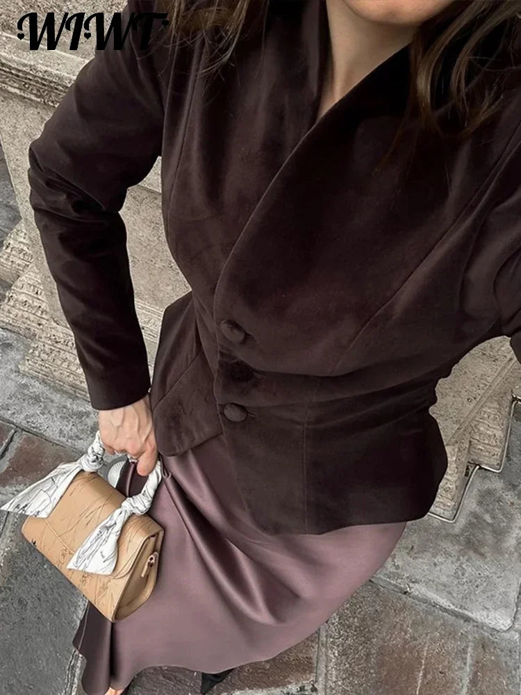 Vintage Burgundy Suede Jacket Women Slim V-neck Single Breasted Long Sleeve Coats 2024 Autumn New Female Office Chic Outwears