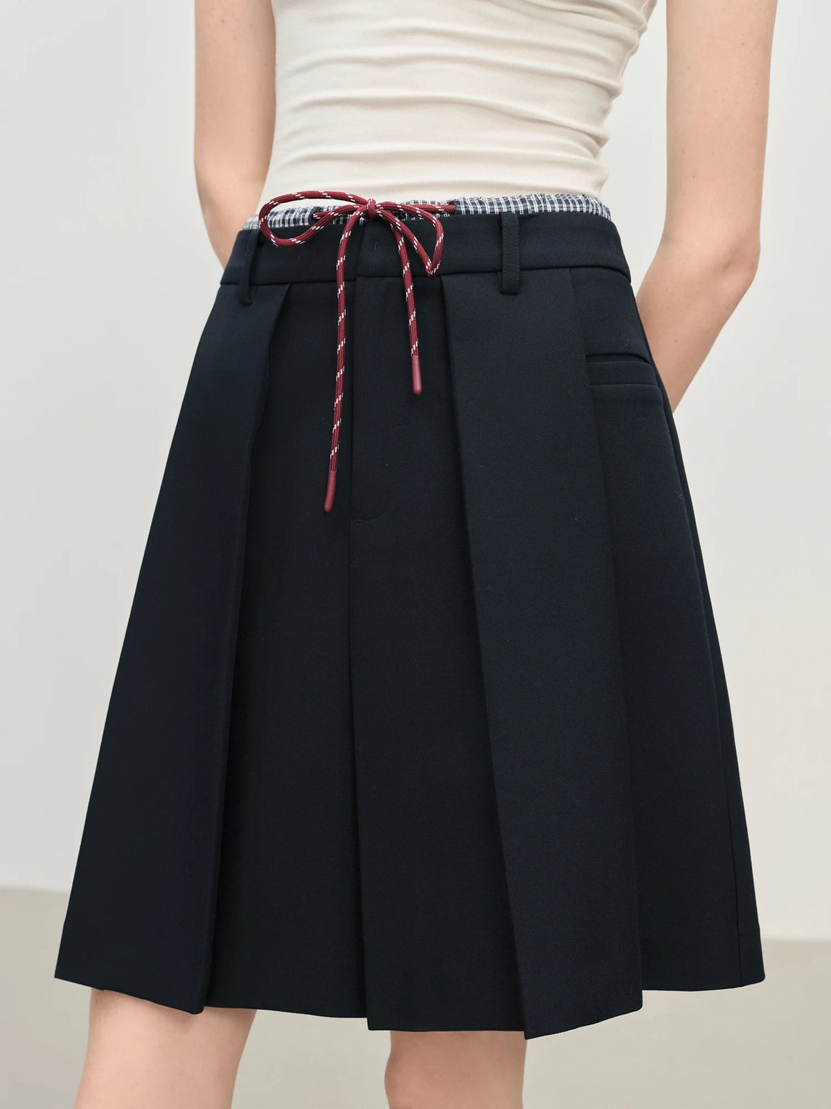 FSLE Double Waist Fake Two-piece Plaid Splicing Drawstring Skirt 2025 Autumn New Style Skirt