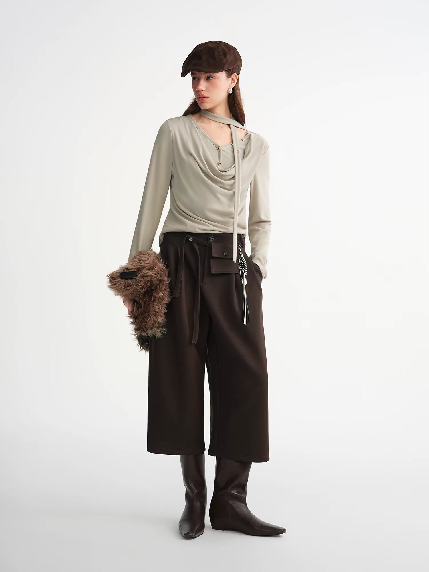 Plus-Size Women Layered Art Long-Sleeve T-Shirt with Floating Ribbon neckline Mock Two-Piece Slimming Top for Curvy Women