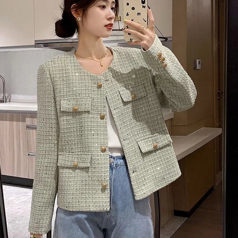 Hdspq Chic Striped Tweed Jackets Women 2023 Autumn Woman O Neck Long Sleeve Coats Woman with Pocket Korean Style Jacket Outwear
