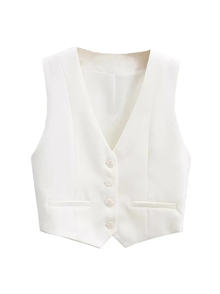 Vest Women Cropped Waistcoat Fashion Front Buttons Tops Vintage V Neck Sleeveless Female Outerwear White Chic Vests New