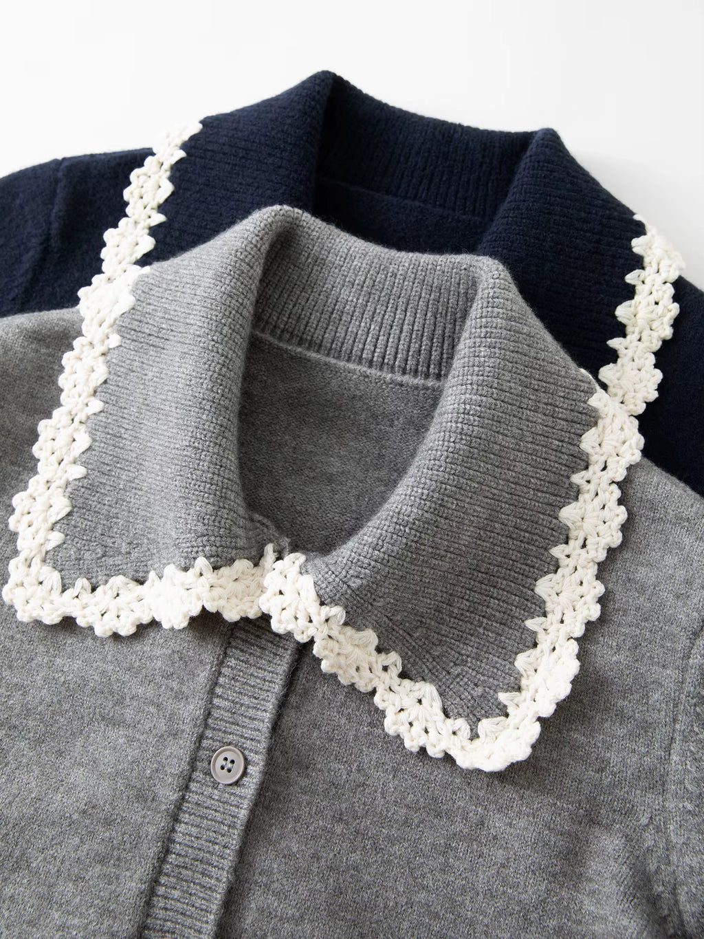 Women's Fashion Embroidery Hook Flower Knit Cardigan with Sweet Lace Edges Turned-Up Collar Flattering Sweater Cardigan