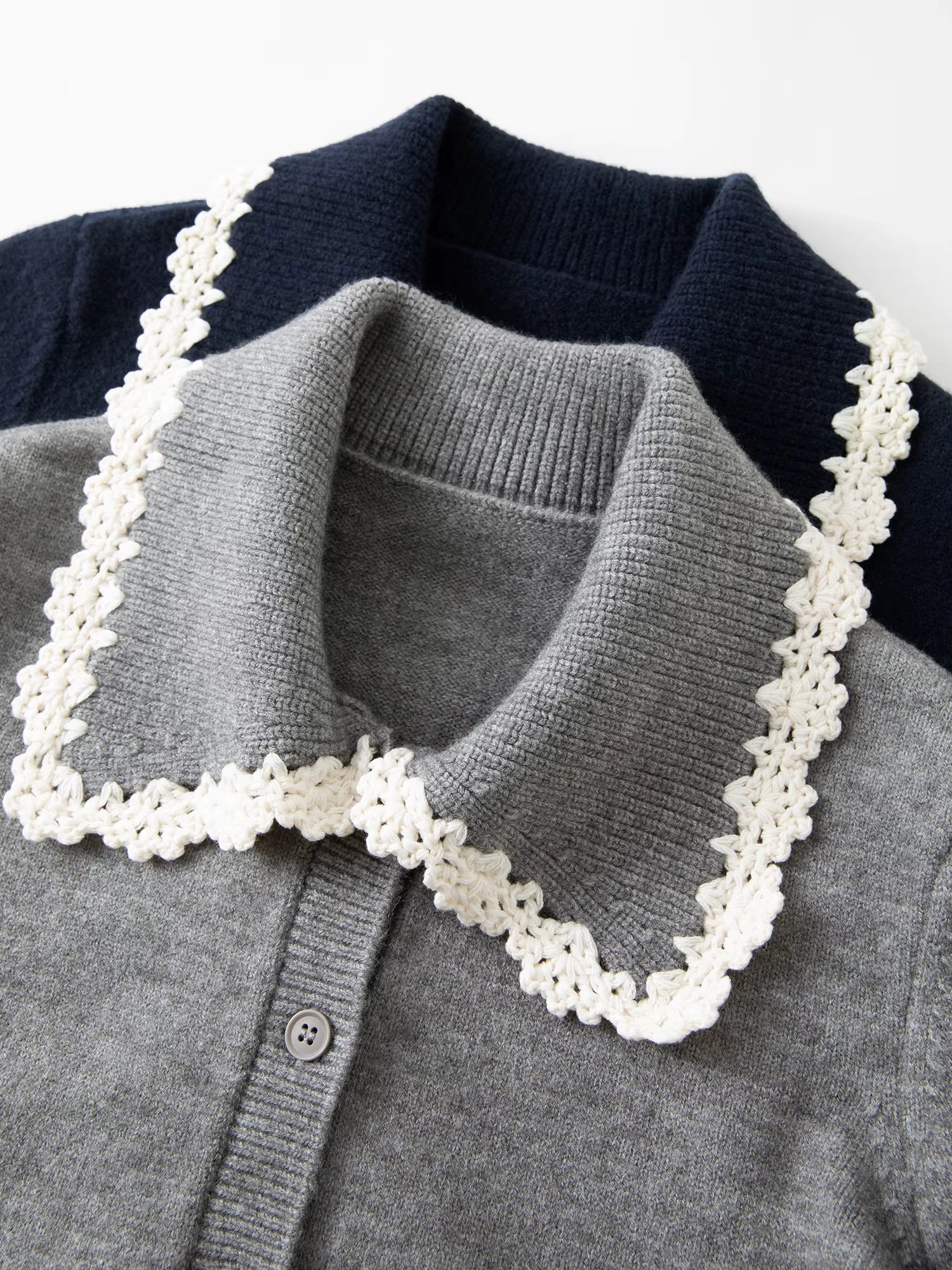 Women's Fashion Embroidery Hook Flower Knit Cardigan with Sweet Lace Edges Turned-Up Collar Flattering Sweater Cardigan