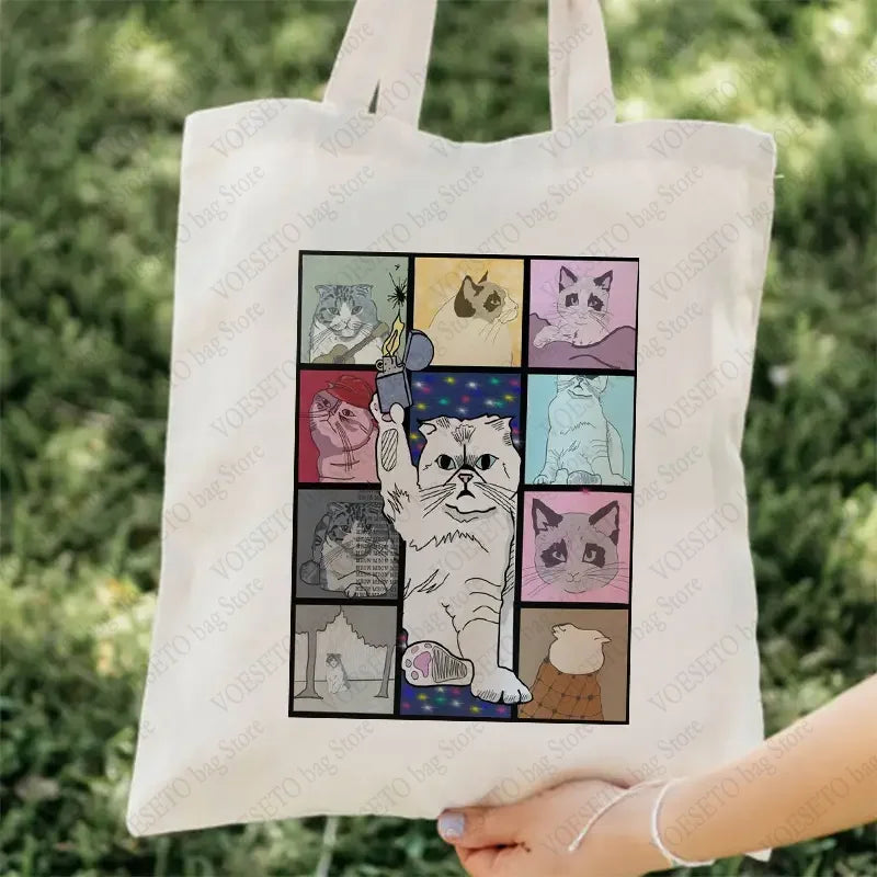The Eras Tour Cat Version Pattern Canvas Tote Bag Taylor Shopping Bag TS Merch Cute and Funny Cat Shoulder Bags