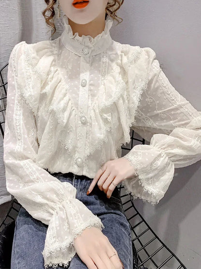 Fashion Ruffle Stitching Elegant Lace Blouse Long Sleeve Loose Chiffon Shirts Korean Style Stand Collar Pleated Top Blusas 15832