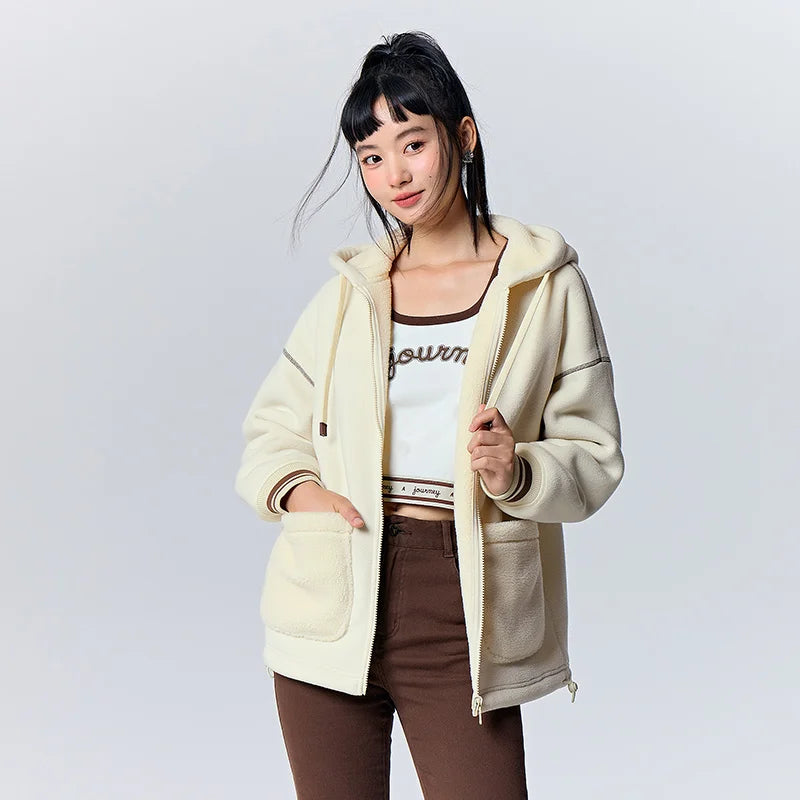 Semir Coat Women Imitation Lamb Wool Polar Fleece Cardigan Loose 2023 Winter New Hooded Reversible Plus Fleece Jacket