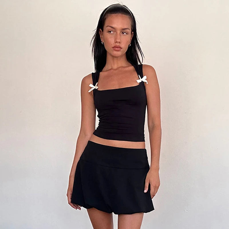 CUTENOVA Y2K Women'S Bow Tie-Up Tank Tops Wide Shoulder Straps Bandage Camisole Sexy Low Cut Crop Tops Female Vest Tops Clubwear