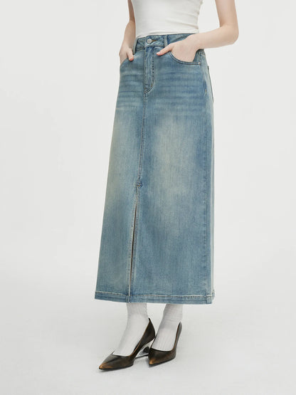 FSLE Women Denim Skirts High Waist Retro Denim Blue Long A-LINE Autumn Skirt Front Spilt Design Commuter Casual Skirt 24FS13264