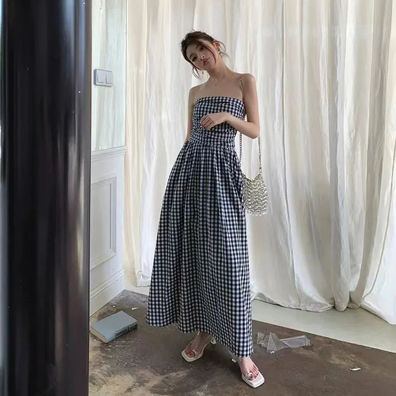 Vintage Plaid Dress Women Summer Korean Elegant Tube Top All-Match Midi Dress Y2K Folds Off Shoulder Holiday Beach Vestidos