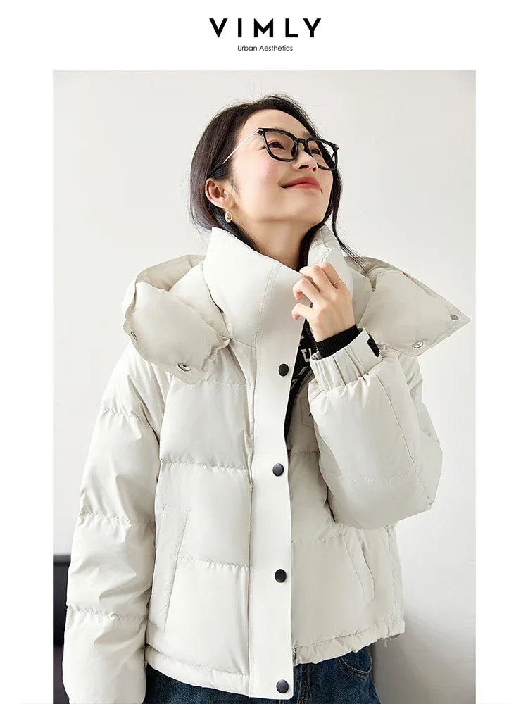 VIMLY Women's Office Lady Short Down Jacket Winter New 90% White Duck Down Hooded Warm Jacket Coat Simple Casual Outercoat50807