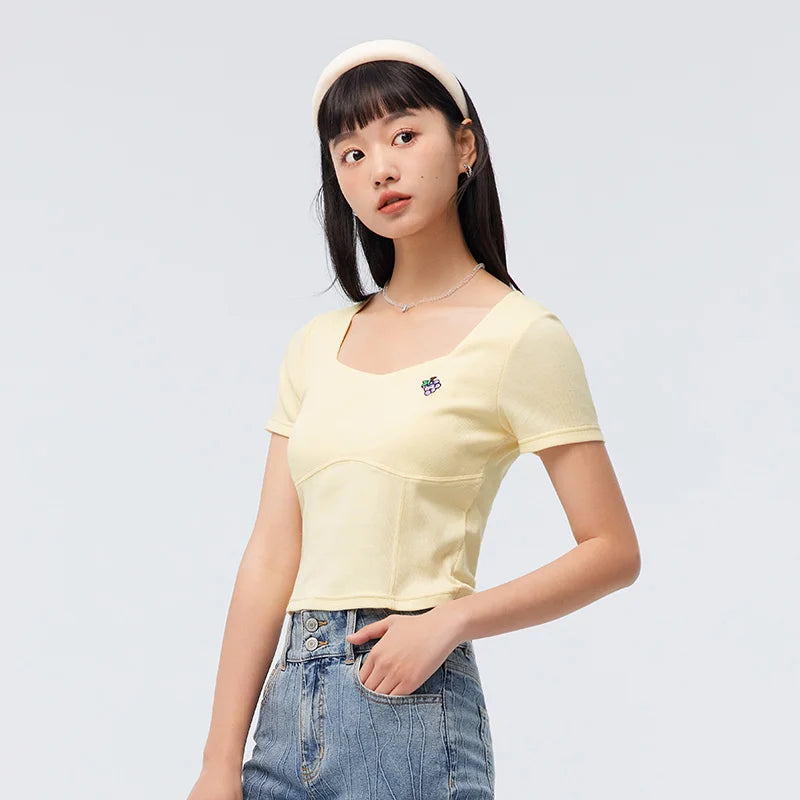 Semir 2024 T-Shirt Women Short-Sleeved Square Collar Embroidered Casual Summer Tight Knitted Sweater Sexy New Style Tee
