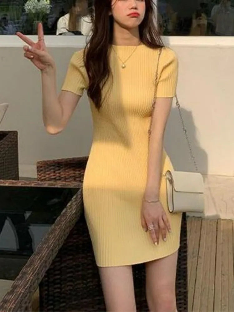 Korean Sweet Woman Dress 2024 Vestidos De Mujer Short Sleeve O-neck Tunic Solid Robe Femme Fashion Knitted Bodycon Mini Dresses