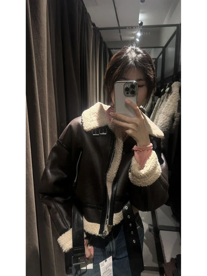 TRAF Winter Women's street wear faux sheepskin fur bomber jacket with belt motorcycle thick warm sheepskin overcoat jacket