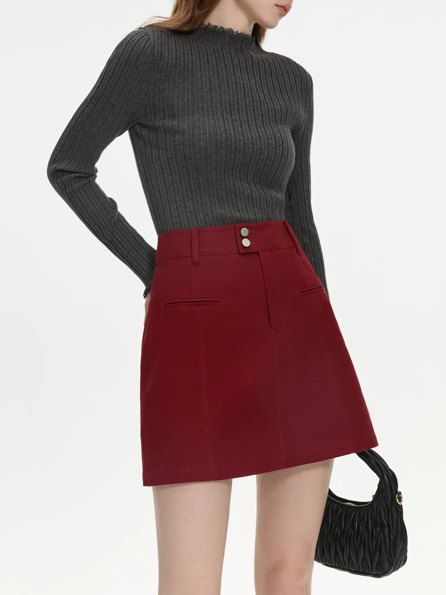 FSLE Women Winter Mini Skirts High Waist Two Button Design Female Twill Retro Denim Red Short Skirt 100% Cotton Skirt 24FS14564