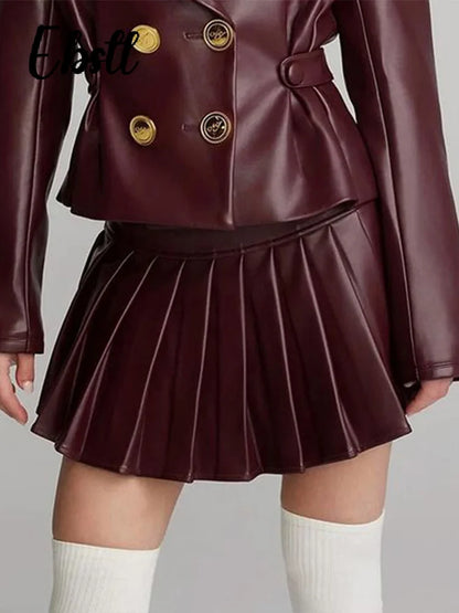 Double Breasted Leather Jacket Skirts Set Women Wine Red Lapel Slim Coat Pleated Mini Skirt 2024 Autumn New Lady Chic Outfits