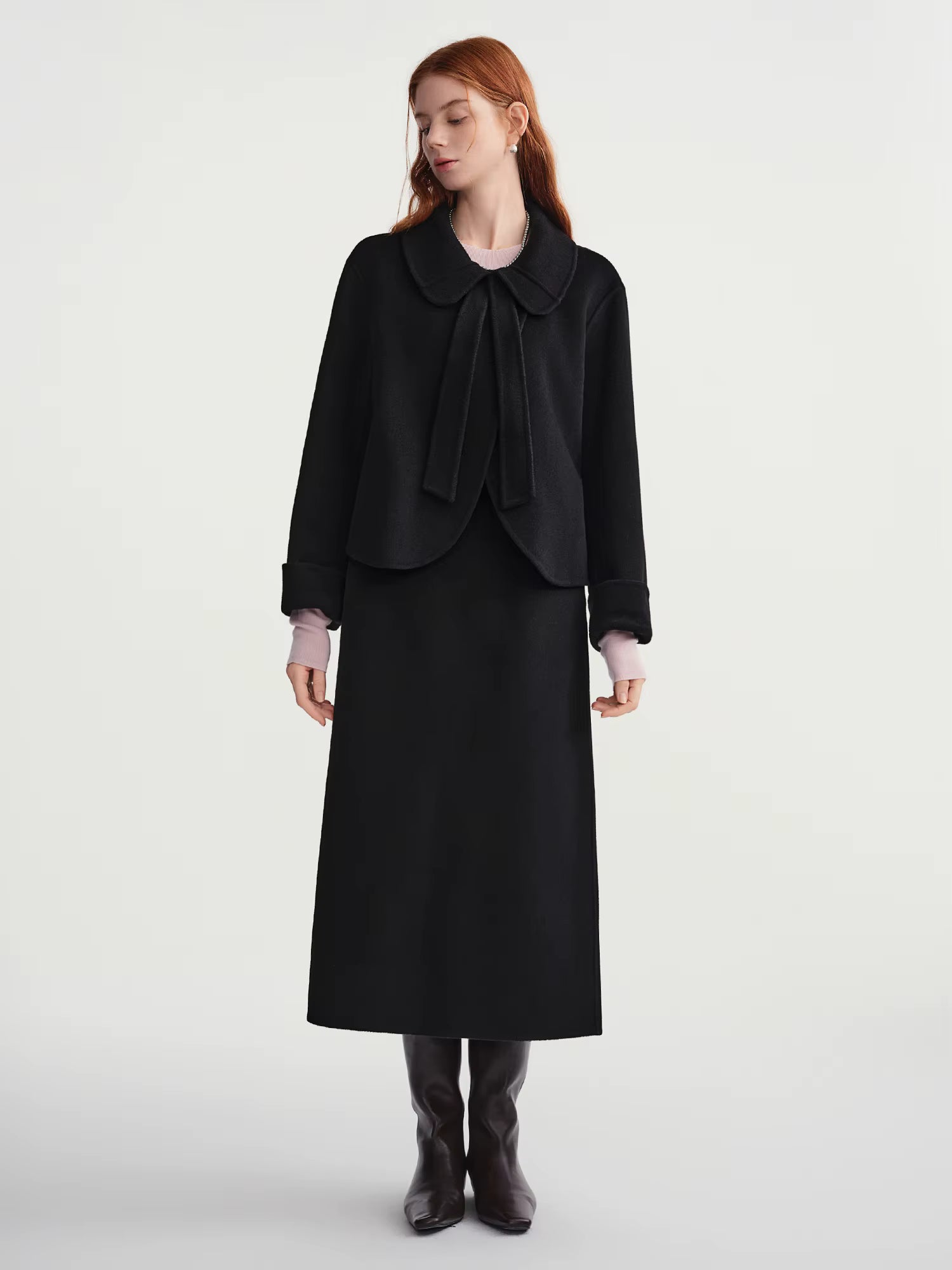Elegant Sets Women Winter Cropped Black Coats Skirt Suit Peter Pan Collar Woolen Jacket Age-reducing Temperament French