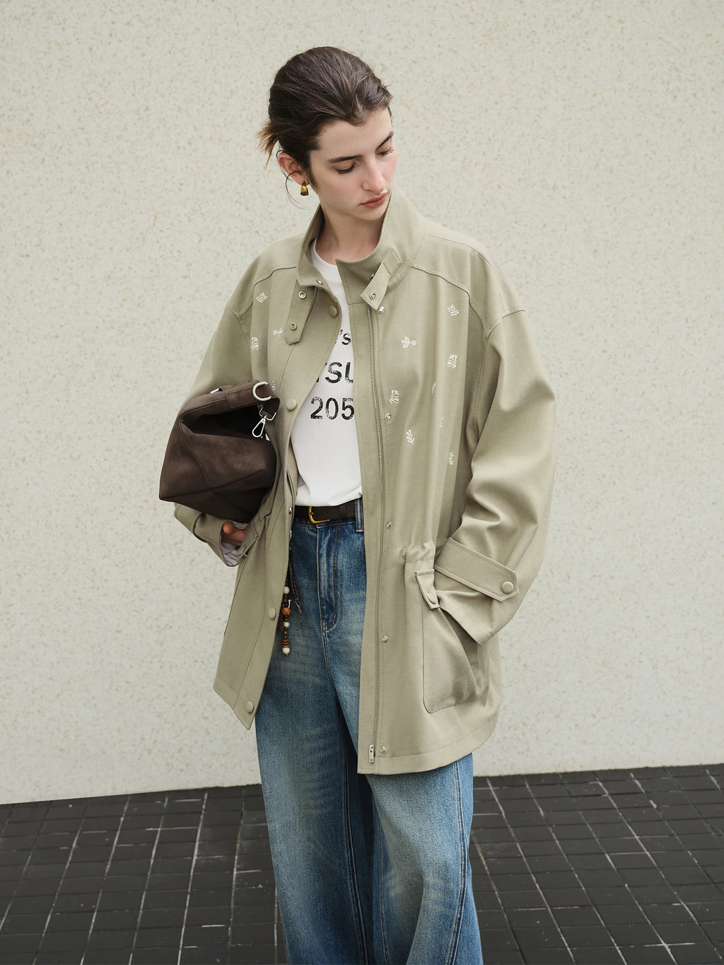 FSLE【Premium Series】New Women Olive Green Embroidered Stand Collar Jacket Loose Fit Workwear Style Boho Outerwear Relaxed Street