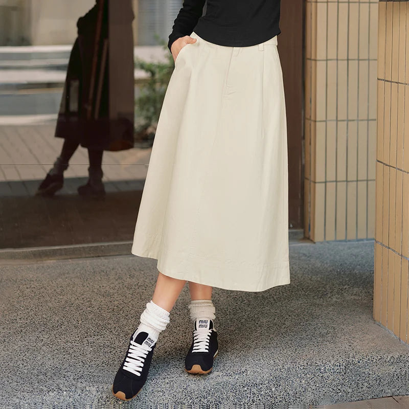 Semir Skirt Women Solid Color Simple Versatile 2024 Autumn New Pure Cotton Slimming Loose Umbrella Skirt