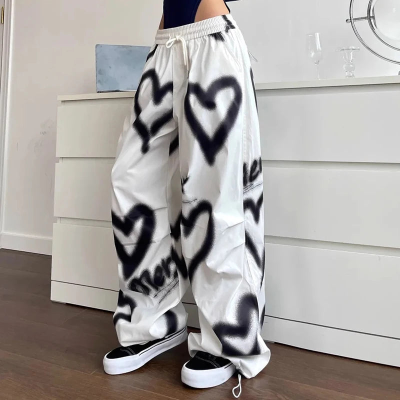 Y2K Love Graffiti Wide Leg Pants Women High Waist Streetwear Loose Drawstring Jogging Trousers Female Korean Casual Sweatpants