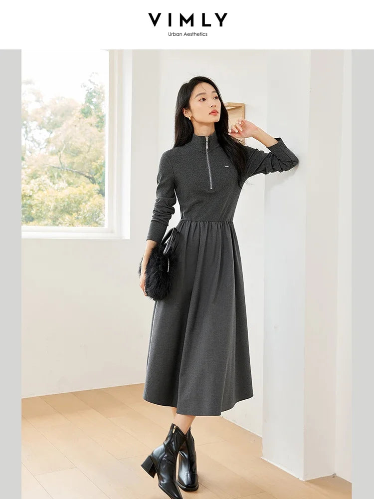 VIMLY Women's Solid Patchwork Simple A-Line Dresses Semi High Neck Long Sleeve Waisted Office Lady Minimalist Temperament Dress