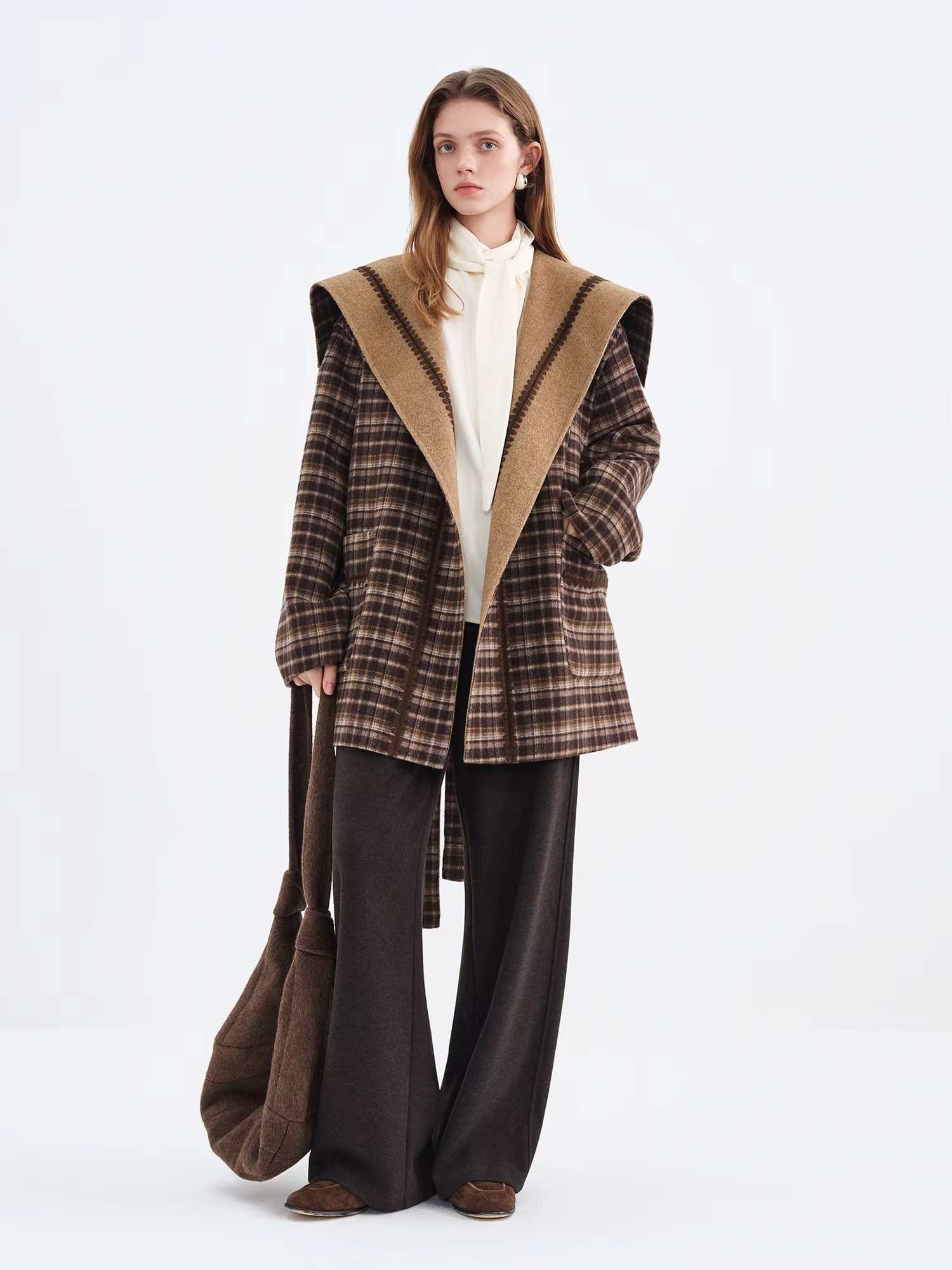 2025 Winter Women's Reversible Tartan Pattern Wool Blend Coat with Embroidery - Bohemian Style Two-Way Wear Long Overcoat