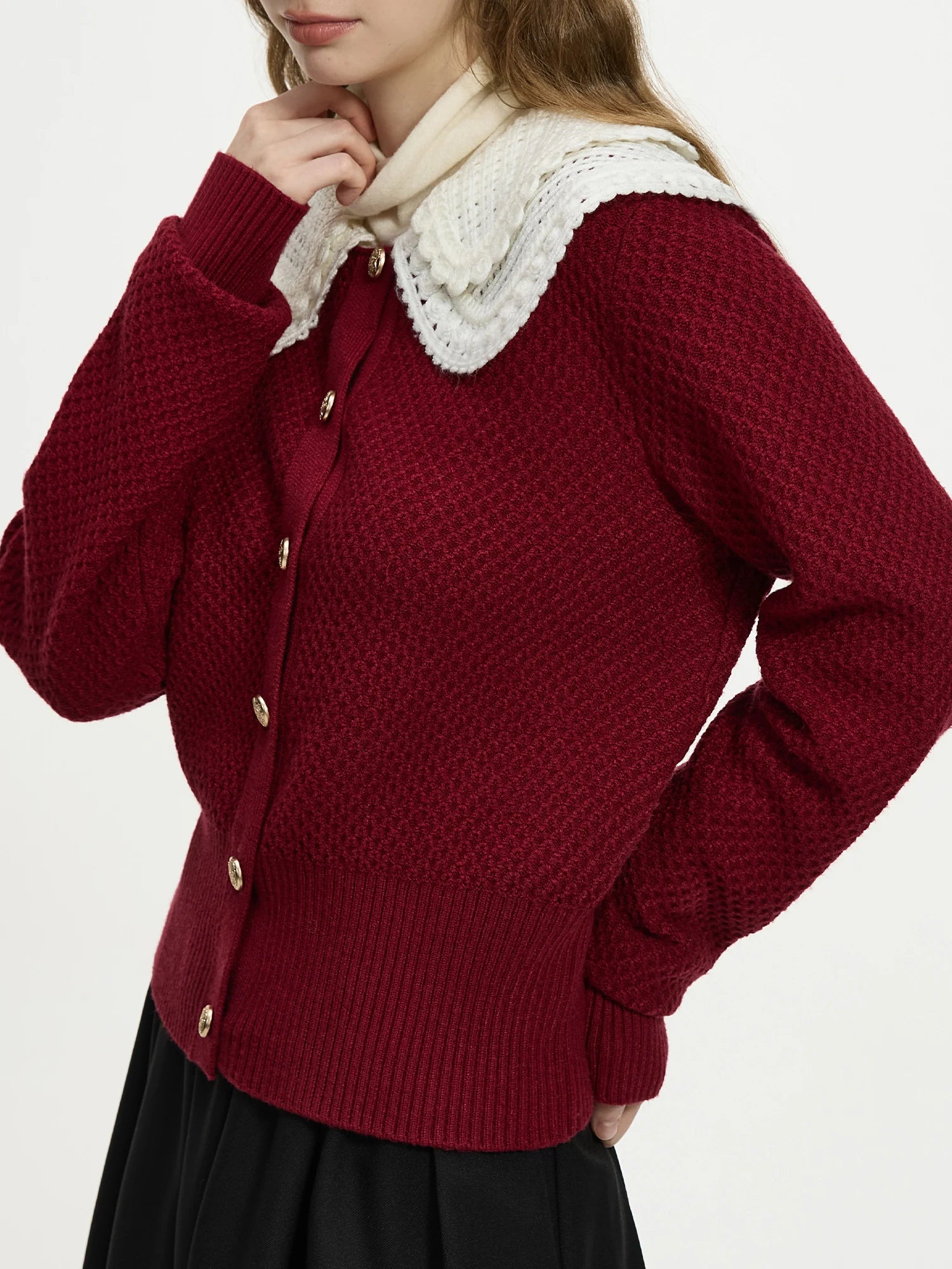 FSLE College Style Lace Round Neck Lapel Sweater For Women Autumn Winter 2024 Retro Style Loose Elegant Soft Pullover 24FS14046